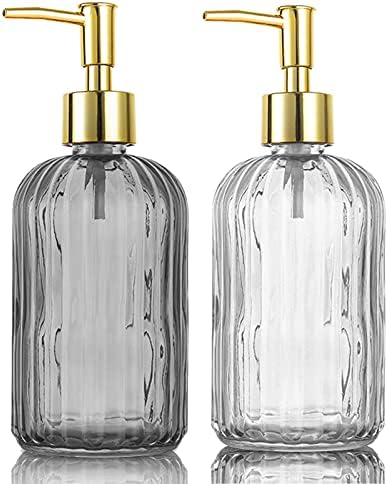 Versatile Glass Soap Dispenser Bottle with Pump, 14 Oz Dripless Pump Bottle, Refillable Liquid Hand Jar Dispenser for Bathroom, Countertop, Kitchen, Laundry Room(1 Pack Grey, 1 Pack Clear )
