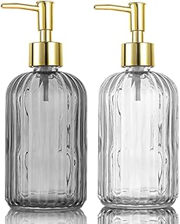 Versatile Glass Soap Dispenser Bottle with Pump, 14 Oz Dripless Pump Bottle, Refillable Liquid Hand Jar Dispenser for Bathroom, Countertop, Kitchen, Laundry Room(1 Pack Grey, 1 Pack Clear )