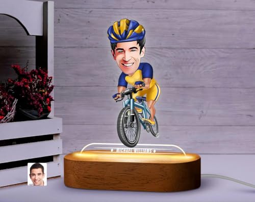 Image of THE GRANDEUR Caricature Gift for Men, Personalized Bicycle Cartoon LED Light Gift - Custom Cyclist Figurine with Wooden Stand, Unique Birthday Gift for Him, (15 x 6 cm)