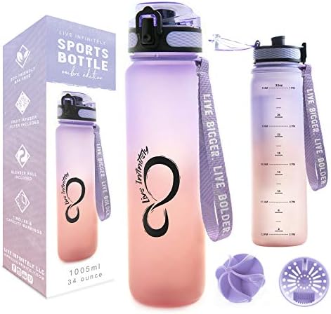Live Infinitely 34 oz Gym Water Bottle with Time Marker - Fruit Infuser Screen BPA Free 1 Liter Water Bottle - Locking Flip Top Lid & Durable Travel Bottle Coating (Mermaid 34oz)