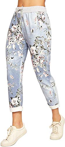 Crazy Girls Womens Plain Italian Floral Trousers, Light Blue Floral, ML (UK 12-14)
