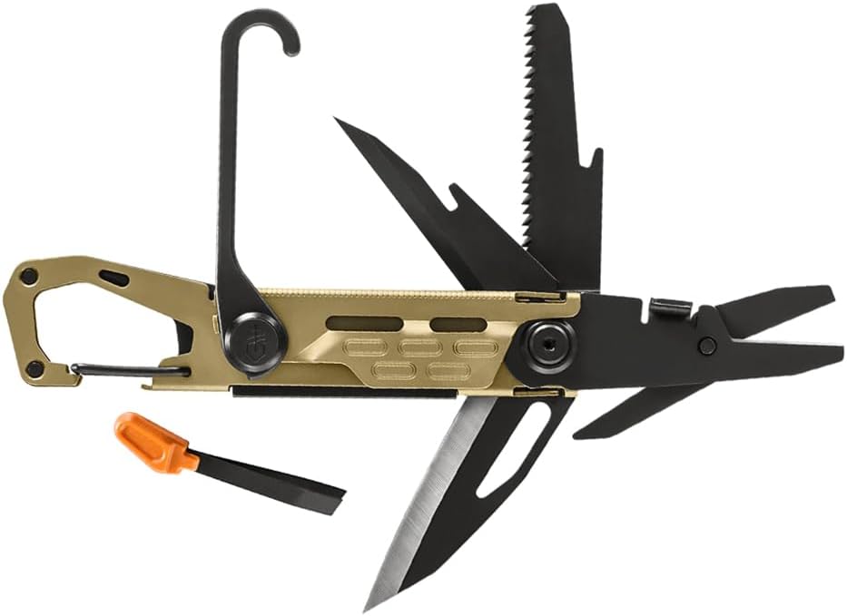 Gear Stake Out 11-in-1 Multi-tool - 2.2" Plain Edge Blade, Tent Stake Puller, Carabiner Carry - EDC Gear and Equipment - Bronze