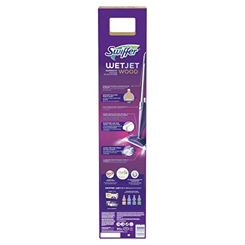 Swiffer Wetjet Wood Floor Spray Mop Starter Kit Power Mop 5 Mopping Pads Floor Cleaner Liquid Solution, Purple, 1 Count
