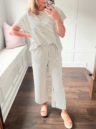Tankaneo Womens Striped 2 Piece Sets Short Sleeve T Shirts Wide Leg Pants Matching Lounge Set with Pockets2
