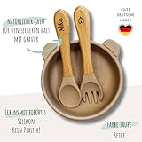 C|UTE – Kindergeschirr personalisiert mit Namen | Schüssel mit Saugnapf & Kinderbesteck (Esslernlöffel, Gabel) graviert | BPA-frei | Geschenk Babygeschirr ab 12 Monate (Taupe, Set ohne Lätzchen)