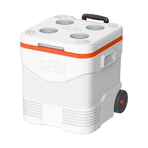 Nevera Portátil con Ruedas Duramax KeepCold 45 L – con Tapón Desagüe, Portavasos, Asa Telescópica, Ideal Camping, Playa y Pícnic – Blanca 45,4x43,5x47,3 cm