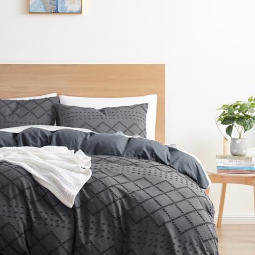 Image of Hearth & Harbor Boho Bedding - King Size Duvet Cover Set, 3 Piece Tufted Grey Duvet Cover with Zipper Closure, 2 Pillow Shams