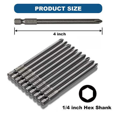 Vesttio Phillips Cross Slot Ph2#2 Long Screwdriver Bit Set 10Pcs 1/4 Inch Hex Shank 4 Inch/100 Mm Length S2 Steel With Magnetic For Power Screwdriver Drill Impact Driver #TOP3