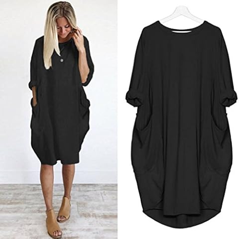 Deloito Womens Pocket Loose Dress, Ladies Crew Neck Casual Long Tops Dress Plus Size (Black, XX-Large) Cover