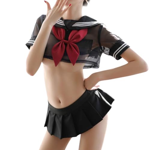 Gatamiau Colegiala japonesa Cosplay Vestido Completo Lencería Sexy Uniforme Marinero JK Uniforme Anime Kawaii Ropa Interior Completo Falda Plisada Disfraz de Halloween (Negro)