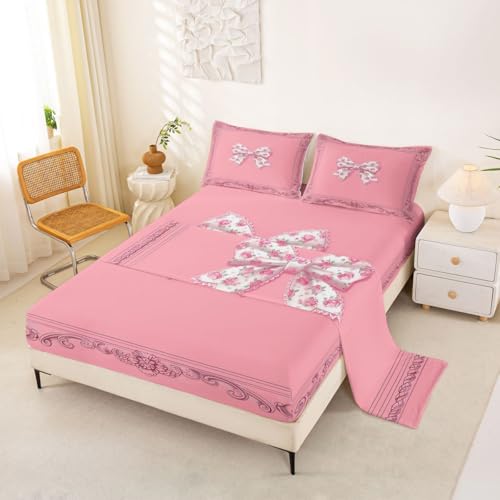 Homemissing Coquette - Juego de sábanas con lazo, tamaño individual, juego de ropa de cama para niños y niñas, juego de sábanas con lazo para niñas con bolsillos de 40.6 cm de profundidad, estilo