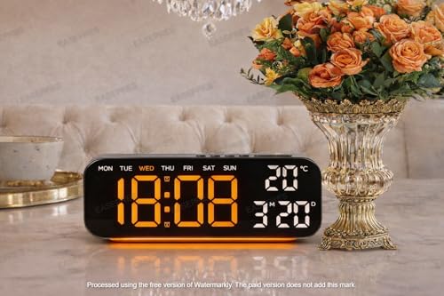 Image of EASEPRES Digital Wall & Table Clock, RGB Bottom Light, Type-C Charging, Dual Alarm, Date, Day & Temperature Display, 12 /24 Hour Format, for Bedroom, Table, Home,Office (Orange, 10 inch)