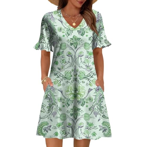Women's V Neck Loose A Line Dress Printed Fashion Casual Sundress 2026 Summer Short Sleeve Dresses with Pockets