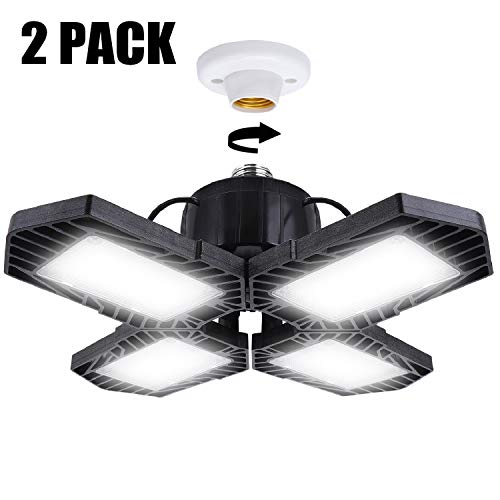 LED Garage Lights,2 Pack 60W Deformable Led Garage Ceiling Lighting 6500LM E26 / E27 Daylight LED Light Bulbs Adjustable Led Bulbs Lights for Garage, Workshop, Workbench, Barn, Warehouse, Full Area