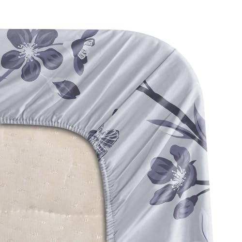 Image of BLISSHOME SoftTouch 140TC Cotton King Size Fitted Bedsheet with 2 Pillow Covers, Silky Smooth Bedding Set, Breathable, Easy Maintain, Floral Print - Violet (182cm x 198cm x 25cm Drop)