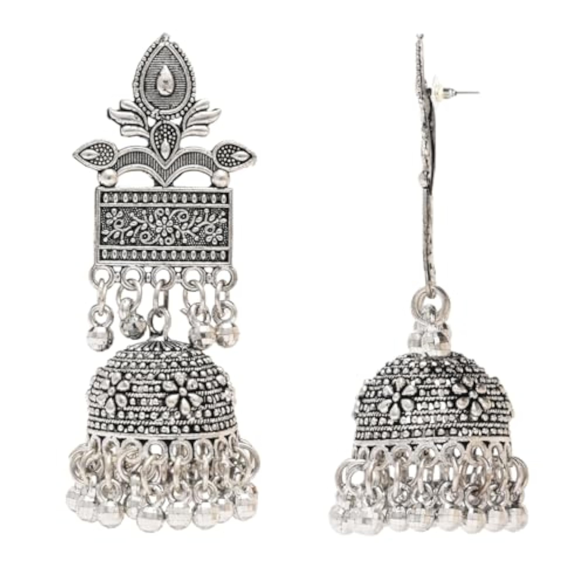 Women's Ethnic Silver Oxidised Dangle Jhumka Earrings, Style 2