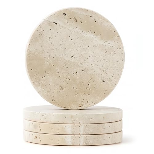 UrbanFocal Natural Travertine Coaster Set of 4-4 Round Stone Drink Coasters Office and Home Use Protect Tables from Stains and Scratches Natural Beige