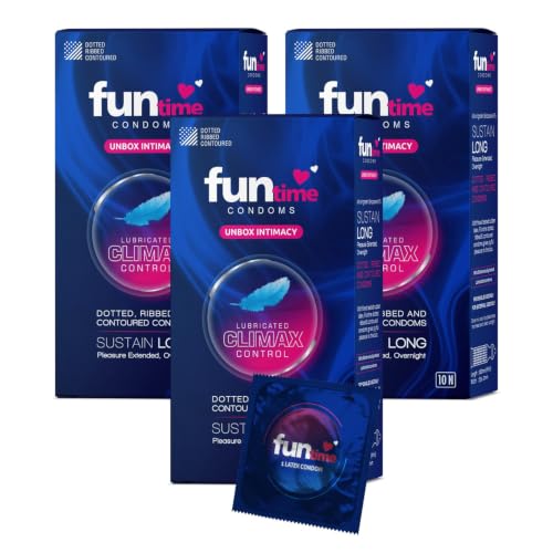Image of Funtime Climax Control Condoms | Dotted, Ribbed, & Contoured for Long-Lasting Pleasure | Lubricated Natural Rubber Latex Condoms for Excitement & Fun | Pack of 3 (10 counts each)