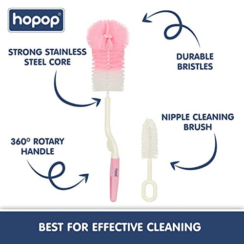 Image of Hopop Bottle Cleaner Brush | Baby Feeding Bottle Cleaning Brush & Nipple Cleaner Brush | 360* Rotating Handle | Easy to Clean Feeding /Water Bottle Corner | BPA Free | Pink