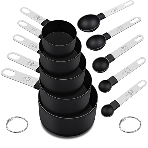 Image of Measuring Cups and Spoons Set, 10 Pieces Nesting Measure Tools, Kitchen Essentials Gadgets with Stainless Steel Handle for Dry & Liquid Ingredient, Black