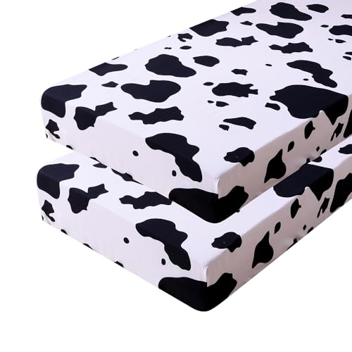 Image of Soft Skin-Friendly Cow Printed Crib Sheet for Boys Girls,2 Pack Crib Mattress Sheet or Toddler Bed Sheet, Baby Cow Print Fitted Crib Sheet (White Cow)
