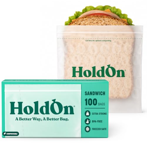 HoldOn Compostable Zip Lock Sandwich Bags 100 Bags - Leak Proof Sandwich Size Storage Bags for Travel & Kitchen Meal Prep & On-The-Go Snacks - Resealable Food Storage Bags - BPA-Free BPI Certified