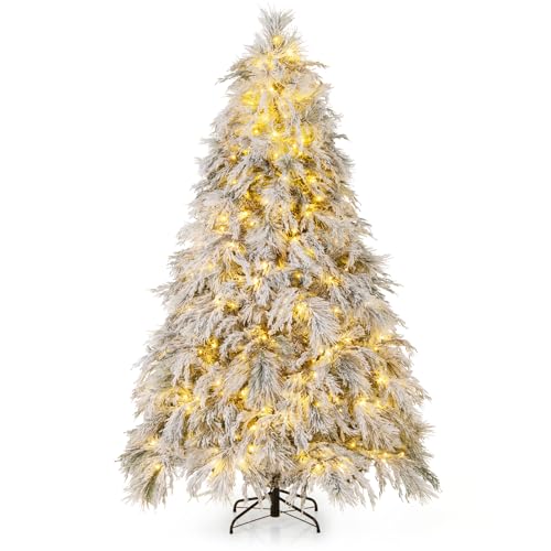 HAPPYGRILL 7 FT Pre-Lit Flocked Christmas Tree, Hinged Artificial Xmas Tree with 320 Warm White LED Lights, 743 Branch Tips, Pine Needles & Willow Leaves, Decoration Tree for Home, Shop & Office