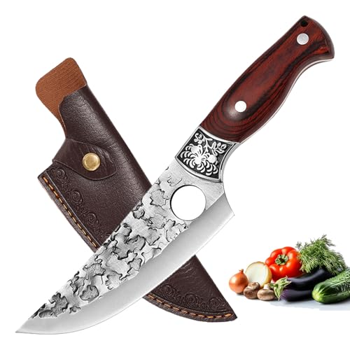 Doklasu Japanese Chef Knife 6 inch Boning Knife Hand Forged Kitchen Knives Full Tang High Carbon Stainless Steel 5Cr15MoV Cooking Knife with Red Coloured Wooden Handle and Sheath