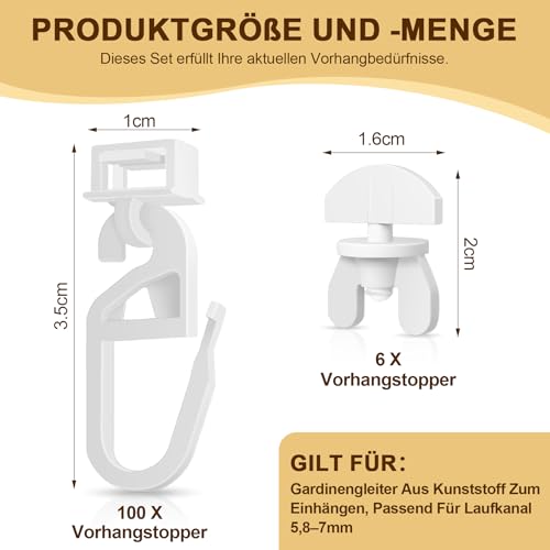 100X Gardinenhaken Für Schienen & 6X Stopper – Gardinengleiter Aus Kunststoff Zum Einhängen, Passend Für Laufkanal 5,8–7mm, Faltengleiter Zubehör Für Vorhangschienen Im Wohnwagen & Zuhause Weiße