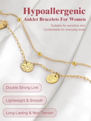 Image of FOCALOOK 14K Gold Plated Anklets for Women Waterproof Plus Size Ankle Bracelet 8.5-10.5 Inch Adjustable Mariner /Figaro /Flat Snake /Cuban Link Chain Anklet Jewelry for Summer Beach Holiday