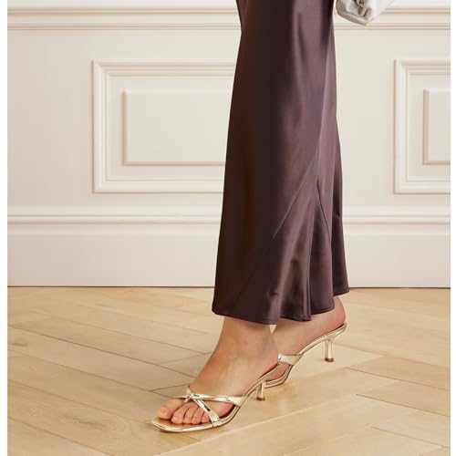 Image of Dsevht Gold Kitten Heel Sandals for Women Flip Flop Strappy Mule heels Rounded Open Toe Heeled Thong Sandals Women