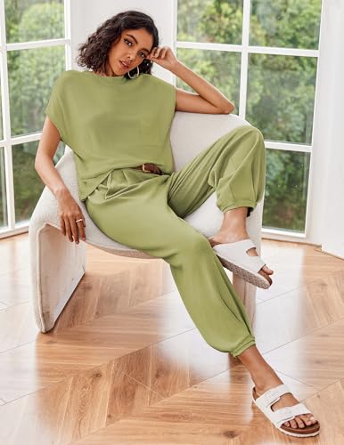 Image of Ekouaer Two Piece Outfits Lounge Sets for Women Sweater Sets Knit Short Sleeve Tops Jogger Pants Matching Tracksuit