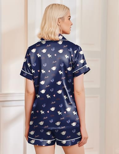 Image of Ekouaer Silk Pajamas for Women Funny Teddy Sleepwear Comfy Short Sleeve Button Down Loungewear Satin Pjs Shorts Set,Navy,S