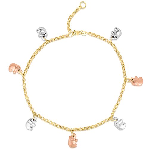 Floreo 10k Fine Gold Elephant Animal Charm Anklet, Extendable 9
