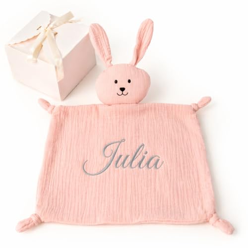 NUBEBI Doudou Bebé Personalizado con Nombre Bordado+Chupetero Madera| Algodón Orgánico 26x26 cm | Apto para Recién Nacidos, Hipoalergénico y Lavable|Regalo Bebé Personalizado Ideal (CONEJITO SOLO)