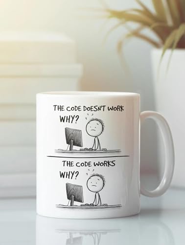 Funny Coding Coffee Mug – “The Code Doesn’t Work, Why?”