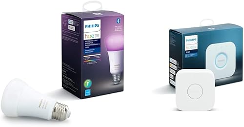 Philips Hue Bombilla inteligente LED A19 E26 de ambiente blanco y color, Bluetooth y Zigbee y Bridge (compatible con Tienda Alexa, Apple HomeKit y