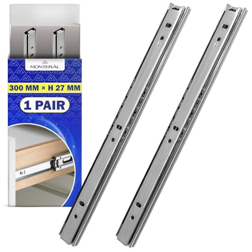 1 Par Guias Correderas para Cajones con Rodamiento de Bolas 300 mm x H 27 mm   Rieles para Cajones Telescópicas Tienen una Extensión Parcial de 212 mm   Garantía de 10 Años   MONTERAL