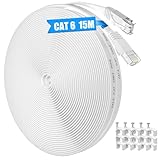 Cable Ethernet 15 Metros, Cat 6 Cable de Red Plano Largo Latiguillo Rj45 Cat 6 Cable Network Gigabit Blanco Alta Velocidad Cable Internet 15m para Switch, Router, Módem, Panel de Conexión, PC