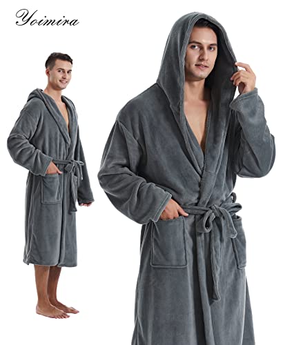 Yoimira Mens Robe with Hood, Plush Robe for Men Long Fleece Bathrobe Soft and Warm2