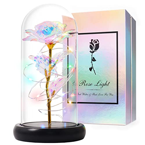 Rainbow Forever Rose Gifts for Women, Galaxy Glass Rose Flower Gift, Light Up Rose Light Birthday Christmas Unique Gifts, Artificial Flowers, Mothers Personalized Gifts Valentines Day Gifts for Her