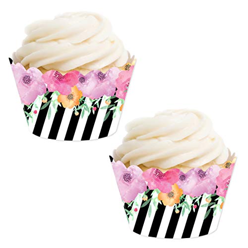 Andaz Press Party Cupcake Wrapper Decorations, Pink Floral Flowers with Black and White Stripes, 24-Pack, for Girls 1st Birthday Baby Bridal Shower Tea Party Themed Decorations