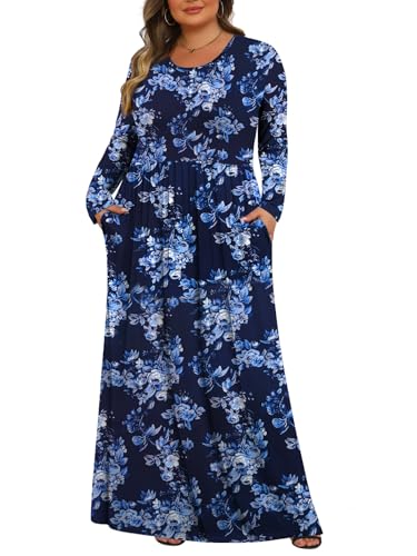 Womens Plus Size Maxi Dresses Long Sleeve with Pockets Casual Long Dress Blue Print 3X