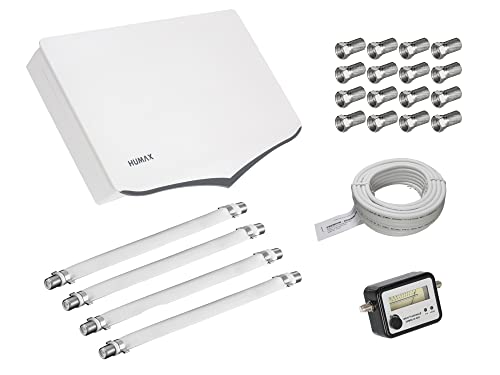 HUMAX Flat H40D4 Quad Flachantenne SAT, Satellitenantenne flach mit Quad-LNB + 50m Kabel + 4xFensterdurchführung + SAT-Finder + 16xF-Stecker, 4 Teilnehmer, einfache &amp; schnelle Installation, weiß