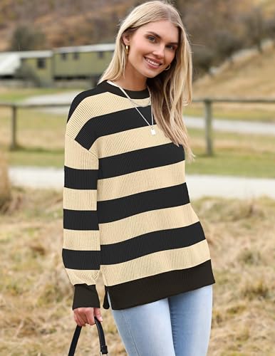 Image of Zeagoo Women 2026 Fall Lightweight Oversized Sweater Crew Neck Long Sleeve Color Block Pullover Rib Knit Blouse Tops XS-2XL