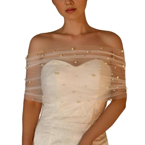 Wedding Bridal Shoulder Wrap Sheer Shawl with Pearl Beads Shoulder Wrap Elegant Simple Formal Banquets Party Shawl, 115cm, Beige Snow
