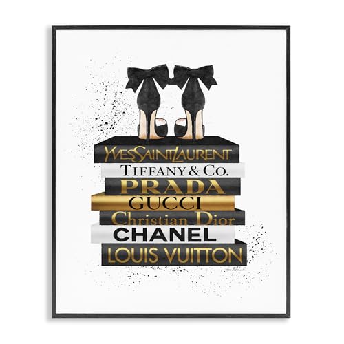 Image of Stupell Industries 'Black Gold White Glam Bookstack', Framed Giclee Art, Black, 24 x 30 Inches, Easy to Hang and Sturdy, Made in USA, by Amanda Greenwood