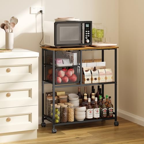 Kitchen Island Cart with Storage,Kitchen Table Cart with 2 Drawers for Fruit Vegetable,Rolling Microwave Cart with 2 Open Storage Shelf,Coffee Bar Station on Silent Casters,Bakers Rack with Wood Top