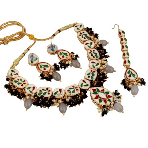 Image of Lucky Jewellery Meenakari 18k Gold Plated Tika Earring Combo Uncut Big Faux Kundan Choker Necklace set
