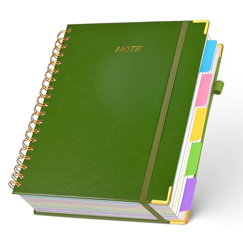 FREBLASO 5 Subject Notebook with Removable Dividers Tabs, 300 Pages Leather Hardcover Spiral Notebook College Ruled, 8